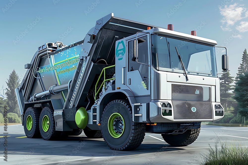 A futuristic garbage truck with a zero-emission tag and a compacting animation A futuristic garbage truck with a zero-emission tag and a compacting animation