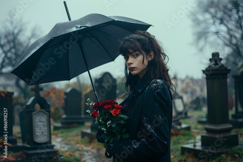 Sad woman grieving in cemetery in rainy day. Woman standing at gravestone of her family member or beloved. Death ceremony and memorial service in cemetery. Funeral, loss, and sorrow concept