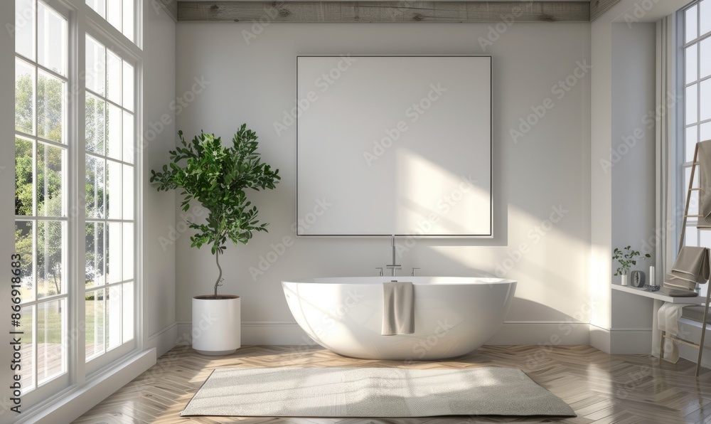 Bright bathroom with a blank canvas above the sink Bright bathroom with a blank canvas above the sink