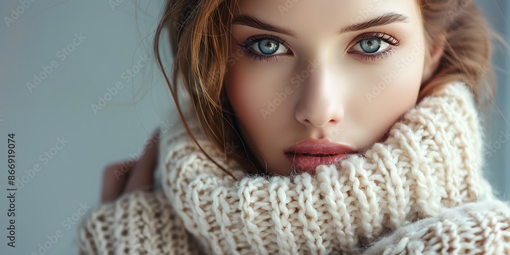 A woman with blue eyes and a white scarf wrapped around her face. The scarf is knitted and has a pattern A woman with blue eyes and a white scarf wrapped around her face. The scarf is knitted and has a pattern