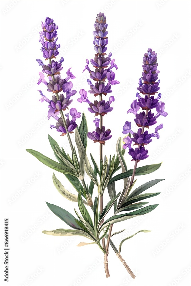 A purple flower with green leaves is shown in a drawing A purple flower with green leaves is shown in a drawing