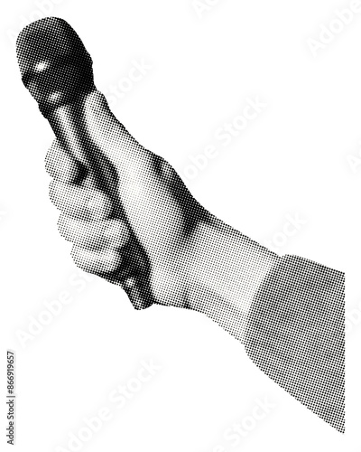 hand with microphone isolated retro halftone grunge dotted effect vintage collage element