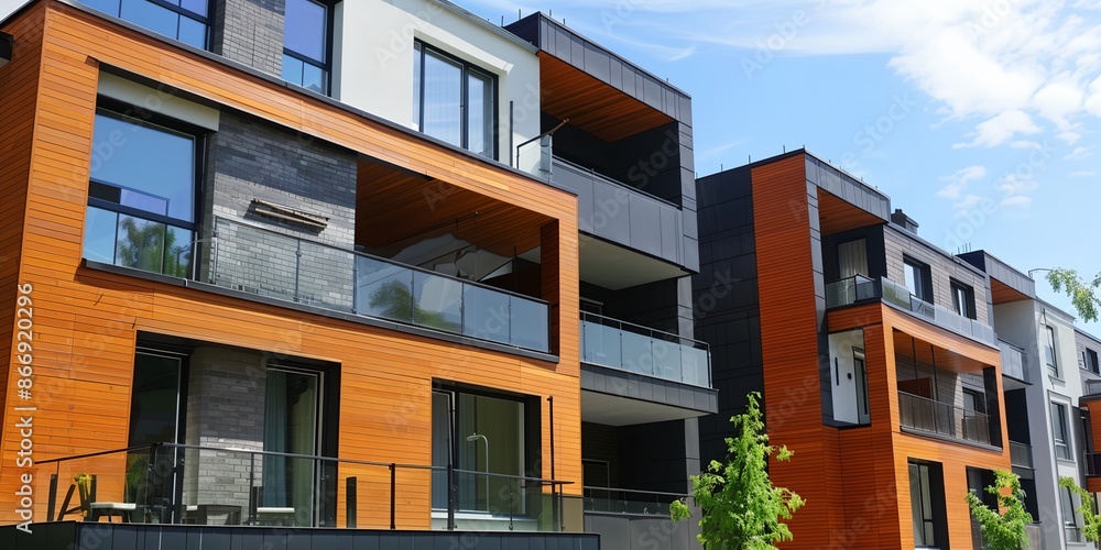 Obraz premium A row of brown and black apartment buildings with balconies. The buildings are tall and have a modern design. The sky is clear and the sun is shining brightly