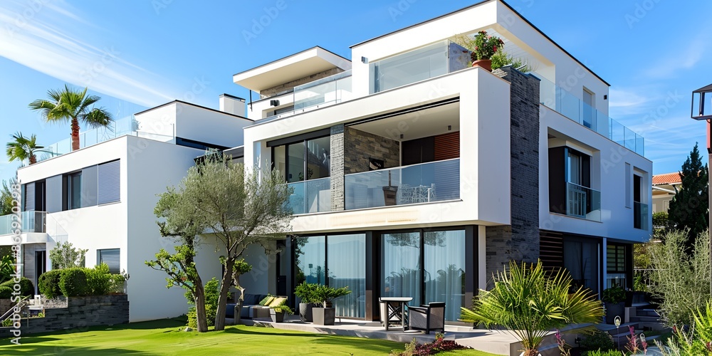 Fototapeta premium A large white house with a balcony and a tree in front of it. The house is surrounded by a lush green lawn