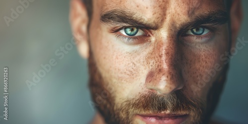 A man with a beard and blue eyes. He has a serious look on his face. The man's eyes are open and staring straight ahead