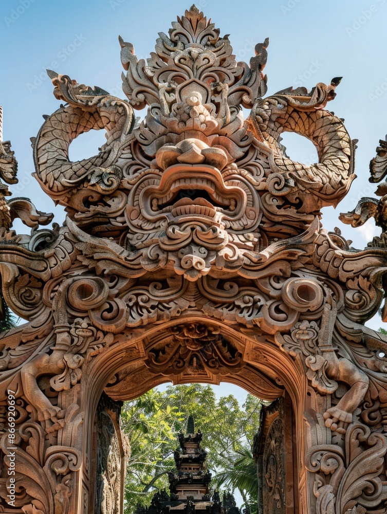 Fototapeta premium Gate with carvings in park