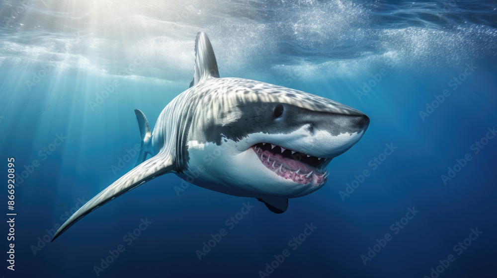 Great white shark swimming in the ocean water with open mouth and teeth. Great white shark swimming in the ocean water with open mouth and teeth.