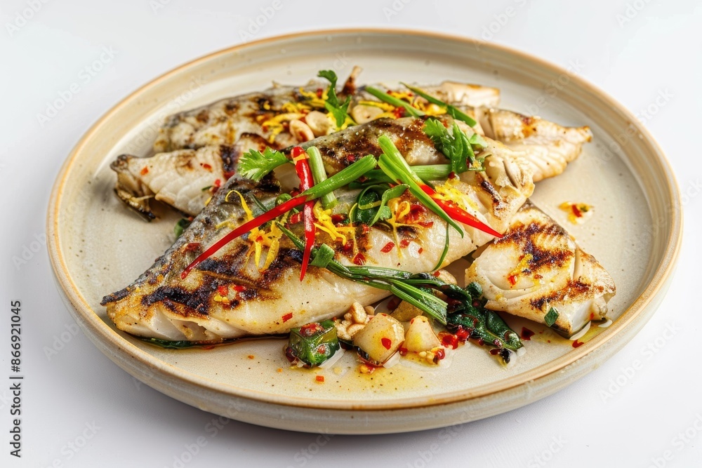 Fragrant Lemongrass Tilapia Fish with Colorful Garnishes Fragrant Lemongrass Tilapia Fish with Colorful Garnishes