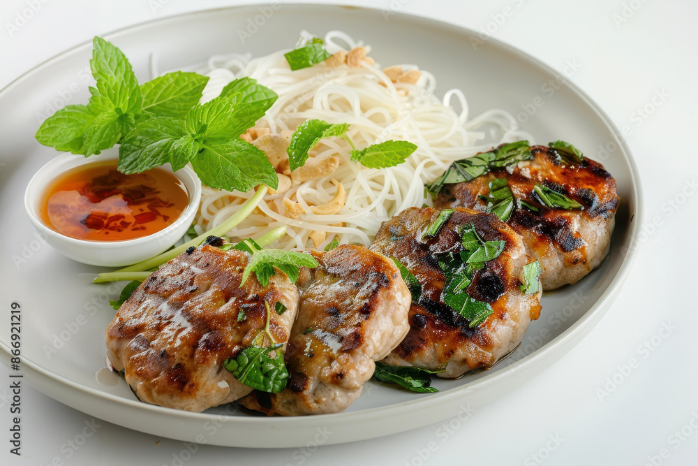 Char Grilled Vietnamese Pork Patties with Fresh Herbs and Noodles Char Grilled Vietnamese Pork Patties with Fresh Herbs and Noodles