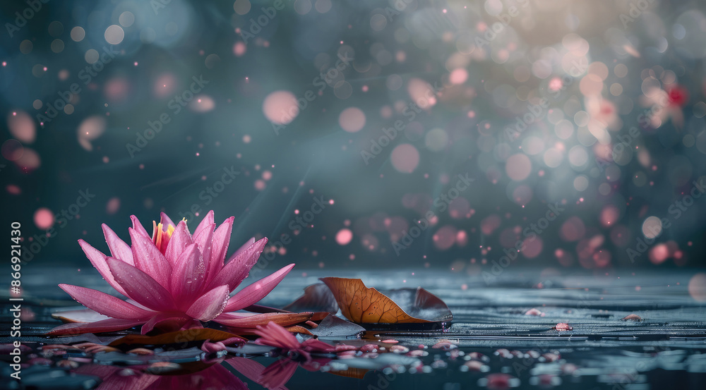 Wooden table with pink lotus flower and simple pink bokeh dark moody background. Generative AI. Wooden table with pink lotus flower and simple pink bokeh dark moody background. Generative AI.