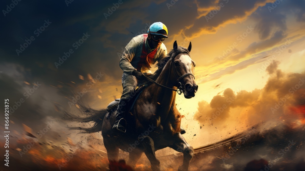 Naklejka premium Evening Horizon: Horse in a Beautiful Countryside Landscape with a Stunning Sunset