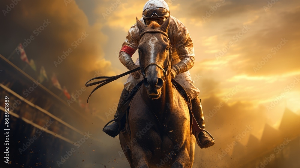 Naklejka premium Evening Horizon: Horse in a Beautiful Countryside Landscape with a Stunning Sunset