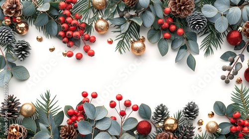 Christmas border with festive decorations and pinecones