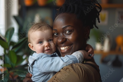 Smiling dark-skinned nanny at work, showcasing warmth and professionalism