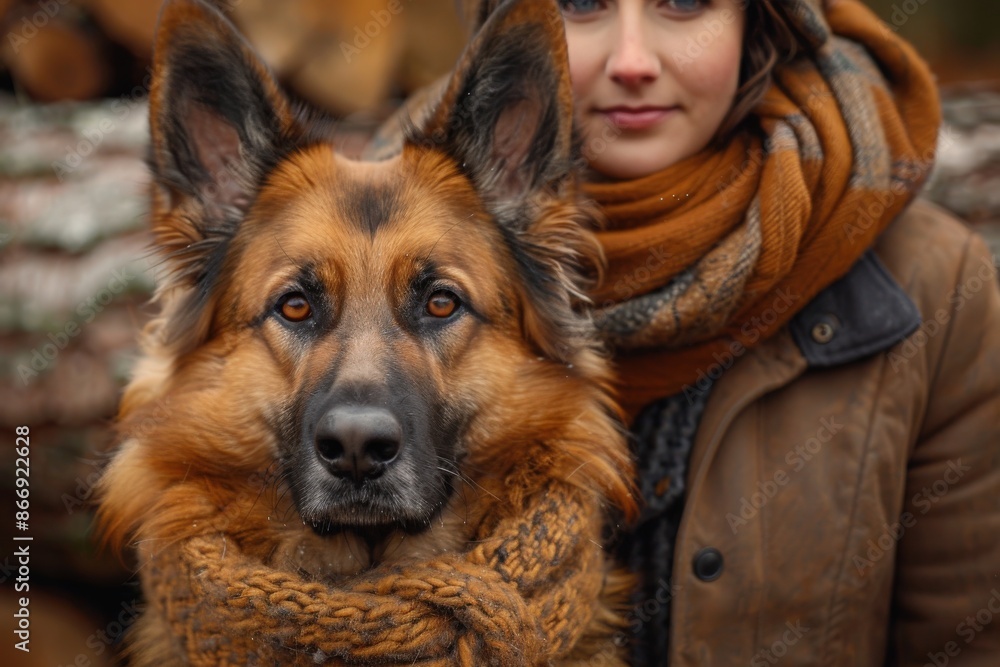 A close-up of a woman holding her German Shepherd dog, both cozily wrapped in matching scarves, set against a natural, woody backdrop, emphasizing a bond of love and companionship. A close-up of a woman holding her German Shepherd dog, both cozily wrapped in matching scarves, set against a natural, woody backdrop, emphasizing a bond of love and companionship.
