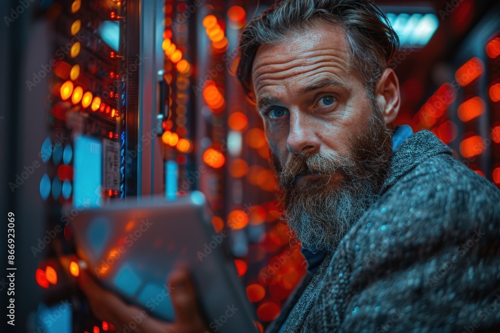 Obraz premium A bearded man intently operates a tablet in a control room filled with electronic circuit panels glowing with red lights, showcasing modern technology and advanced systems.