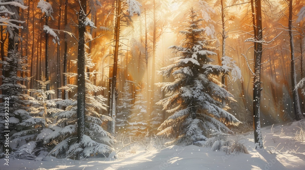 Sunlight shining through winter trees Sunlight shining through winter trees