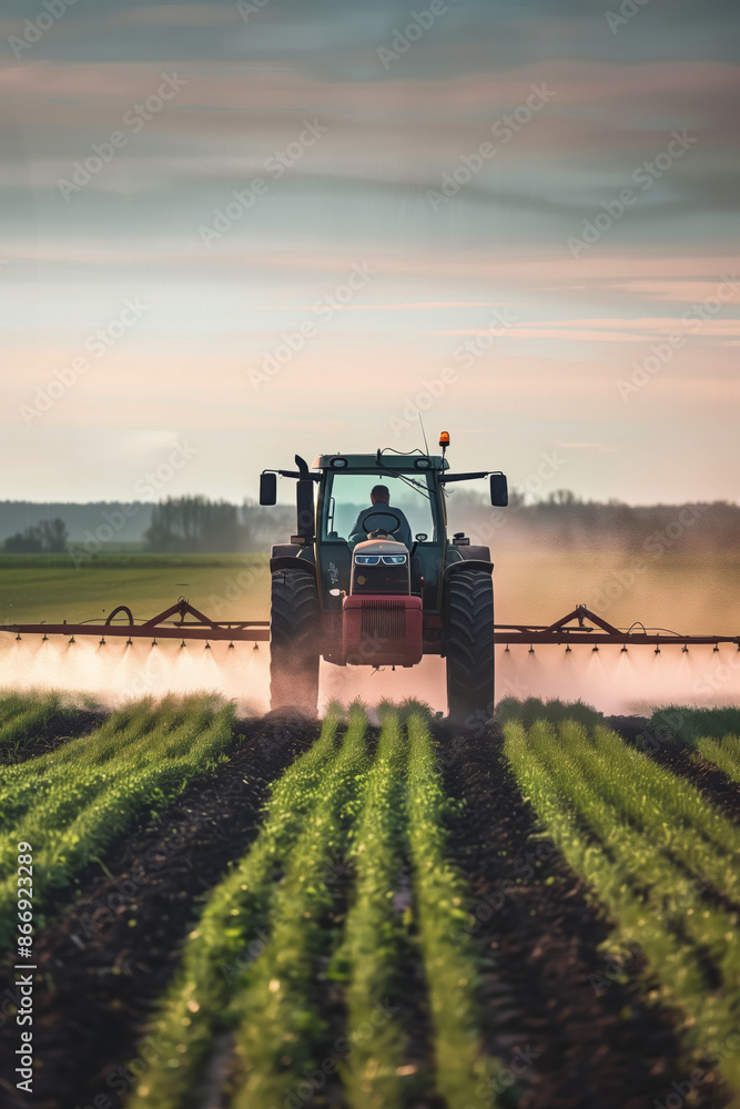 Modern Tractor Spraying Crops in a Field on a Cloudy Day Modern Tractor Spraying Crops in a Field on a Cloudy Day