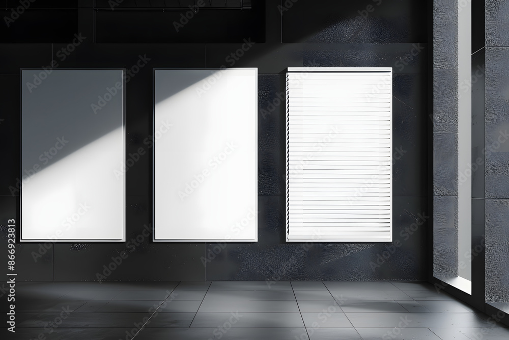 Empty dark gray linear blinds gallery wall with three white mock up banners. Museum concept. 3D Rendering. Empty dark gray linear blinds gallery wall with three white mock up banners. Museum concept. 3D Rendering.