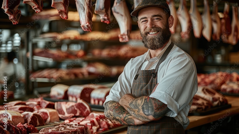 A professional butcher in uniform, with a beard and a tattoo, standing in front of racks of fresh raw meat, smiling. Generative AI. A professional butcher in uniform, with a beard and a tattoo, standing in front of racks of fresh raw meat, smiling. Generative AI.