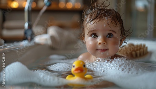 A smiling baby enjoying bath time with bubbles and a cheerful rubber duck, capturing the essence of pure childhood joy and innocence. 