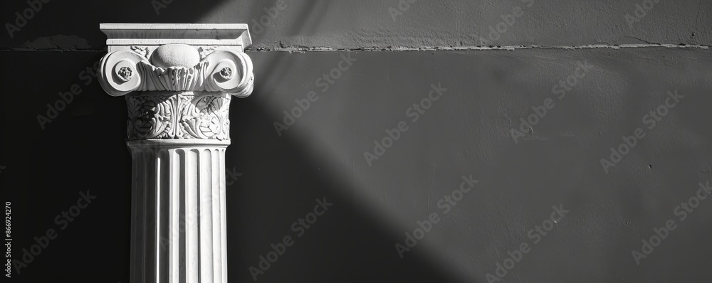 White classical column with intricate capital against a dark wall, side light. Architectural and historical concept White classical column with intricate capital against a dark wall, side light. Architectural and historical concept
