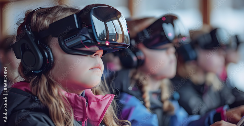 A group of children wearing virtual reality goggles A group of children wearing virtual reality goggles