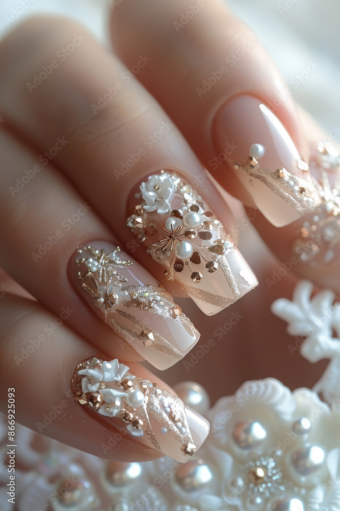 Chiffon ribbon nail art, soft ribbon wrapping nail design, party. Generative AI. Chiffon ribbon nail art, soft ribbon wrapping nail design, party. Generative AI.