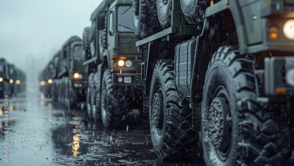 A line of large military trucks is shown from a low angle, emphasizing the size and power of the vehicles in a strategic, organized formation under dramatic lighting A line of large military trucks is shown from a low angle, emphasizing the size and power of the vehicles in a strategic, organized formation under dramatic lighting