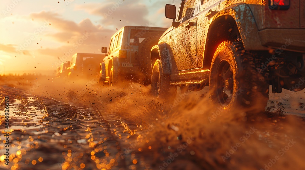 A convoy of off-road vehicles kick up dust as they traverse a rugged path at sunset, epitomizing adventure, endurance, and the call of the wild.
A convoy of off-road vehicles kick up dust as they traverse a rugged path at sunset, epitomizing adventure, endurance, and the call of the wild.