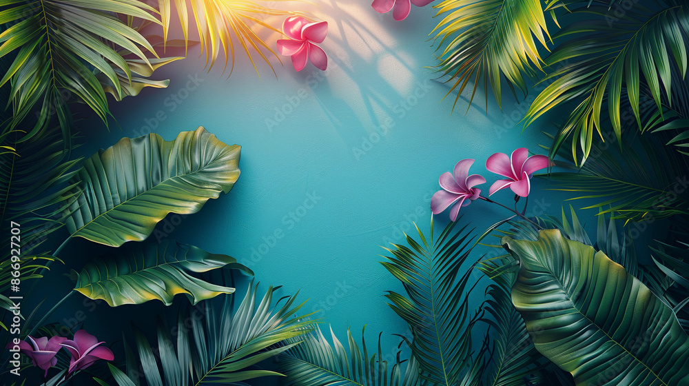 Tropical Palm leaves and flowers with sun light. Summer exotic trendy frame background with place for text Tropical Palm leaves and flowers with sun light. Summer exotic trendy frame background with place for text