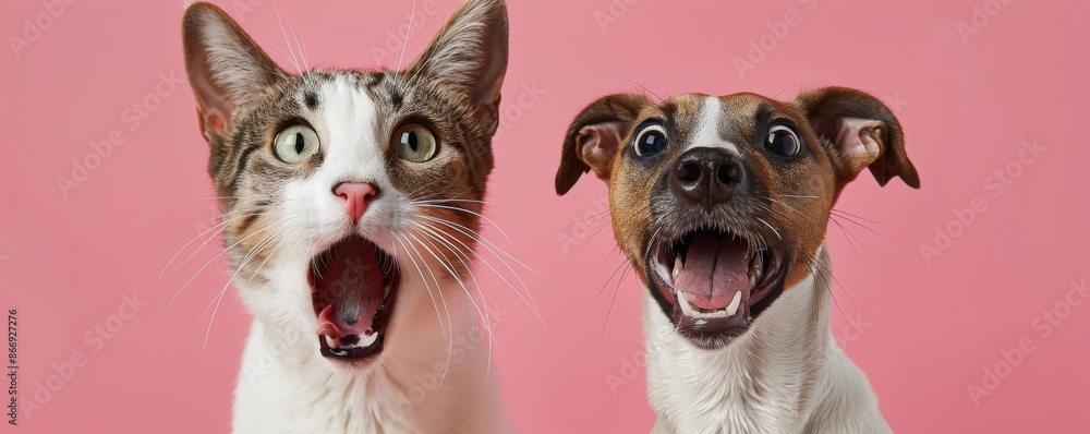 Fototapeta premium Cat and dog with surprised expressions against a pink background, close-up. Adorable pets showing emotions concept