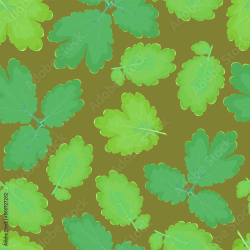 Seamless pattern of green celandine leaves on a dark background