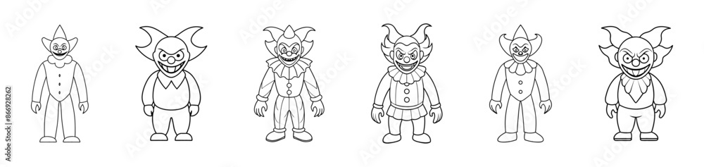Set of Black outlines of evil clowns with creepy grins isolated on a white background. Concept of Halloween, circus performer, horror, spooky character. Print, art, design element, illustration Set of Black outlines of evil clowns with creepy grins isolated on a white background. Concept of Halloween, circus performer, horror, spooky character. Print, art, design element, illustration