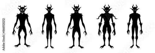 Set of Black silhouettes of devil characters isolated on a white background. Concept of Halloween, fantasy creature, mythical demon, villainous imp, digital art. Print, illustration, design element