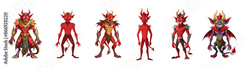 Set of cartoon devil characters with glowing eyes isolated on white background. Concept of Halloween, fantasy creature, mythical demon, villainous imp, digital art. Print, illustration, design element
