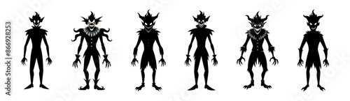 Set of Black silhouettes of evil clowns with creepy grins isolated on a white background. Concept of Halloween, circus performer, horror, spooky character. Print, art, design element, illustration