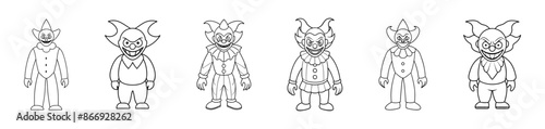 Set of Black outlines of evil clowns with creepy grins isolated on a white background. Concept of Halloween, circus performer, horror, spooky character. Print, art, design element, illustration