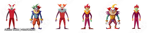 Set of Colorful cartoon evil clowns with creepy grin isolated on a white background. Concept of Halloween, circus performer, horror, spooky character. Print, art, design element