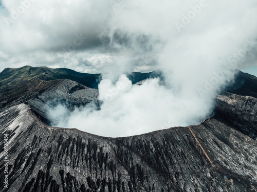 Aerial image of smoking mount Bromo volcano crater on East-Java, Indonesia