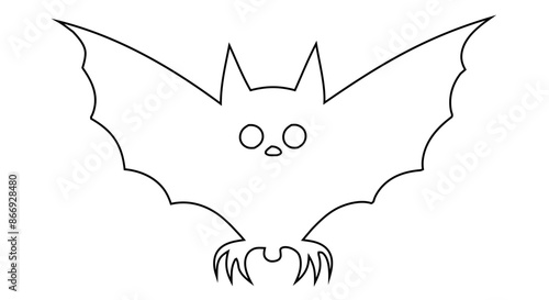 Black outline of bat with spread wings isolated on white background. Concept of Halloween symbol, nocturnal creature, minimalist style, vampire bat. Print, icon, design element, coloring page