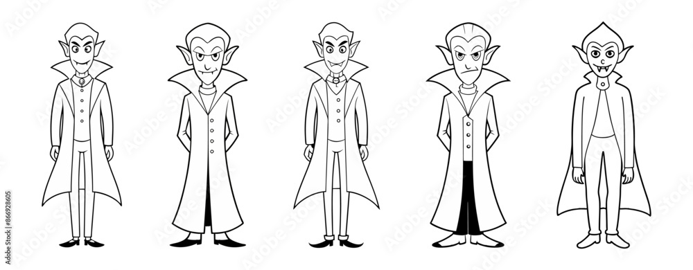 Set of Black outlines of vampires isolated on white background. Concept of Halloween, Dracula, spooky figure, minimalist style, fantasy creature. Print, icon, design element, coloring page Set of Black outlines of vampires isolated on white background. Concept of Halloween, Dracula, spooky figure, minimalist style, fantasy creature. Print, icon, design element, coloring page