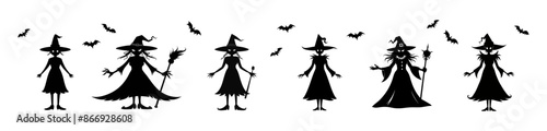 Set of Black silhouettes of witches with bats isolated on a white background. Concept of Halloween, magic, spooky character, witchcraft symbol. Print, icon, design element