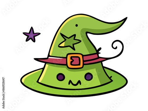 Witch hat isolated on a white background. Wizard pointed hat. Concept of Halloween accessory, festive gear, whimsical costume element, magical attire. Print, design element.