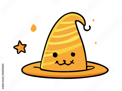 Witch hat isolated on a white background. Wizard pointed hat. Concept of Halloween accessory, festive gear, whimsical costume element, magical attire. Print, design element.