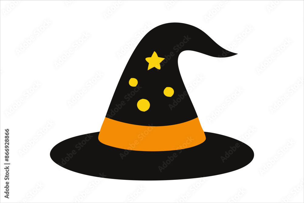 Naklejka premium Black witch hat isolated on a white background. Wizard pointed hat. Concept of Halloween, festive icon, minimalist style, magic accessory. Print, icon, design element.