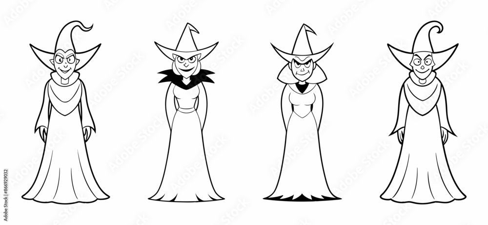 Set of black outlines of witches isolated on a white background. Concept of Halloween characters, mythical sorceresses, minimalist style, spooky figures. Print, icons, design elements Set of black outlines of witches isolated on a white background. Concept of Halloween characters, mythical sorceresses, minimalist style, spooky figures. Print, icons, design elements