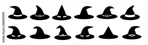 Set of Black silhouettes of witch hats isolated on white background. Wizard pointed hats. Concept of Halloween accessory, magic symbol, minimalist style, festive decor. Print, icon, design elements