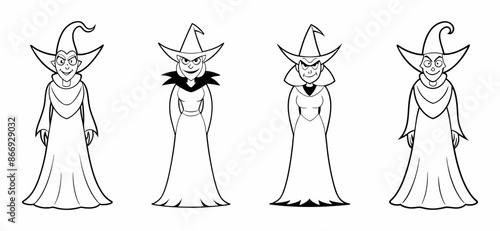 Set of black outlines of witches isolated on a white background. Concept of Halloween characters, mythical sorceresses, minimalist style, spooky figures. Print, icons, design elements