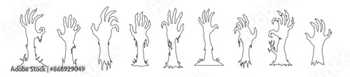Set of Black outlines of creepy zombie hands isolated on a white background. Eerie monster hands. Concept of horror, Halloween, creepy design. Print, design element, coloring page. Graphic art